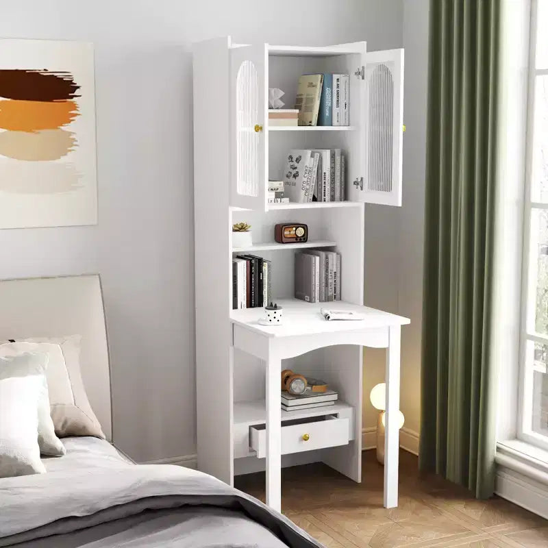 Okak 70.87IN Folding Table with Bookshelf, Standing Desk with 4 Shelves, 1 Drawer and 2 Glass Doors, Writing Desk for Study, Reading Room