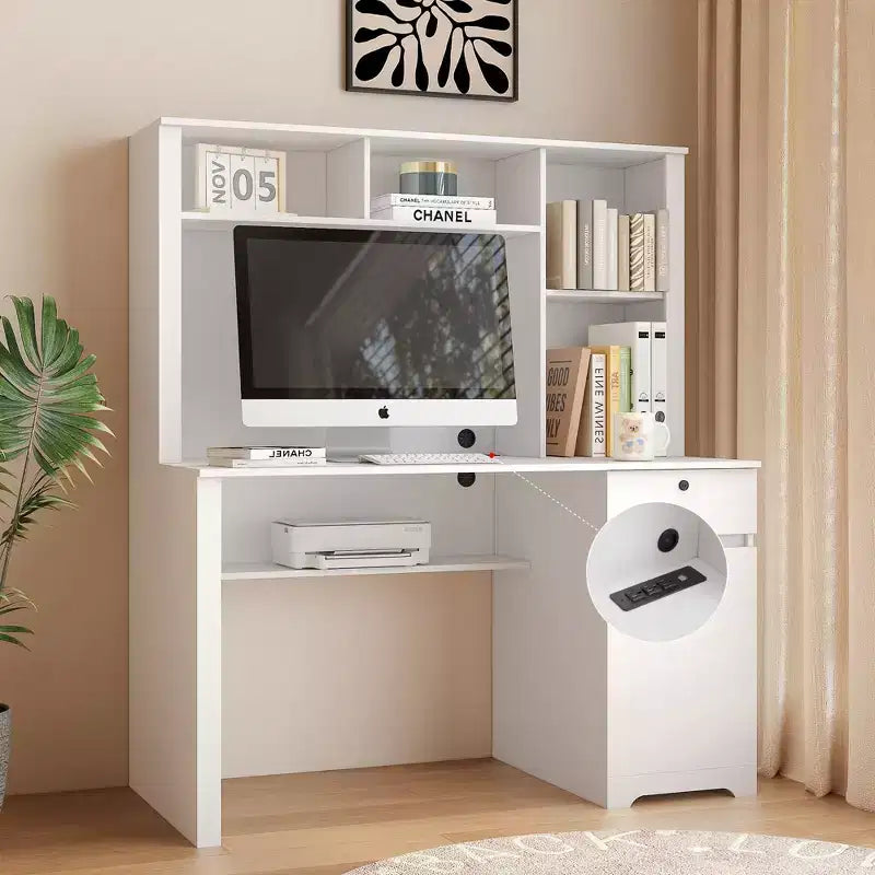 Okak 51.18IN Bureau informatique moderne avec étagère supérieure et bibliothèque, Bureau avec grand espace de rangement, Bureau d'écriture pour étude, salle de lecture