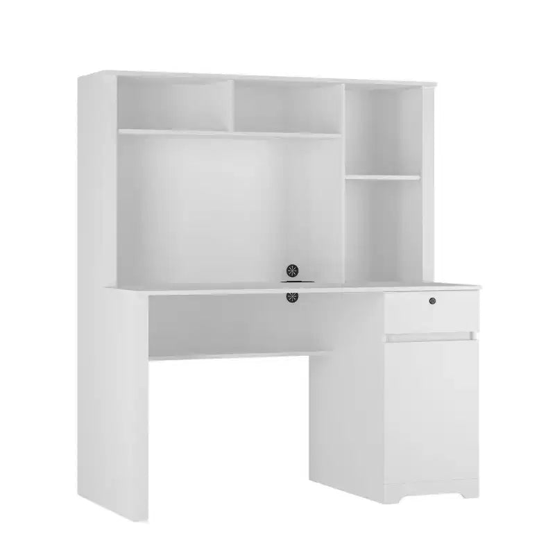 Okak 51.18IN Bureau informatique moderne avec étagère supérieure et bibliothèque, Bureau avec grand espace de rangement, Bureau d'écriture pour étude, salle de lecture