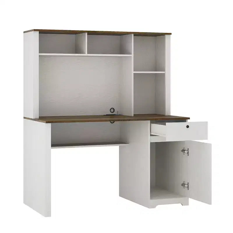 Okak 51.18IN Bureau informatique moderne avec étagère supérieure et bibliothèque, Bureau avec grand espace de rangement, Bureau d'écriture pour étude, salle de lecture