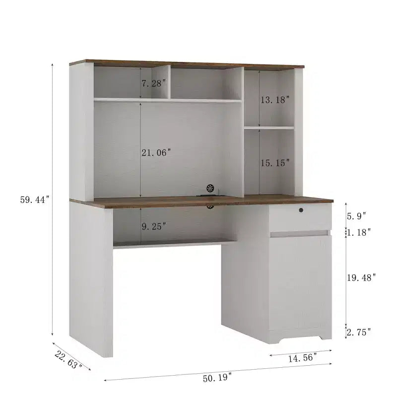 Okak 51.18IN Bureau informatique moderne avec étagère supérieure et bibliothèque, Bureau avec grand espace de rangement, Bureau d'écriture pour étude, salle de lecture