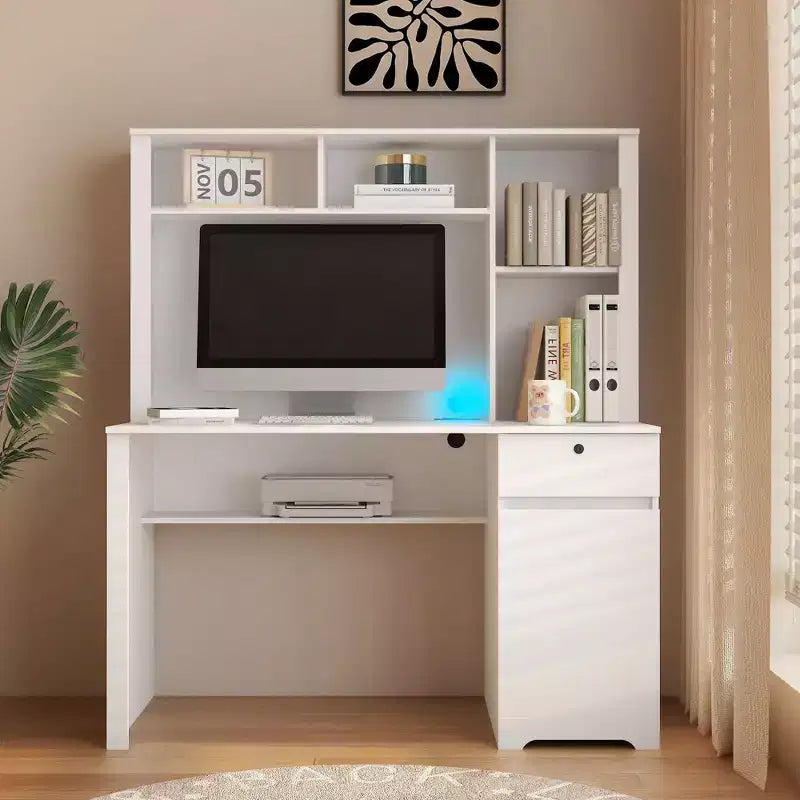 Okak 51.18IN Modern Computer Desk with Hutch and Bookshelf, Office Desk with Ample Storage, Writing Desk for Study, Reading Room
