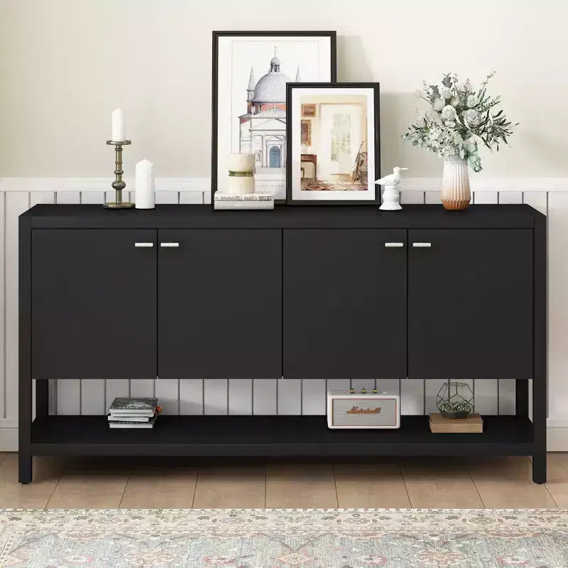 Okak 59.6IN Modern Long Console Table with Ample Storage, Entryway Table with 4 Doors and Metal Handles, Accent Table for Living Room