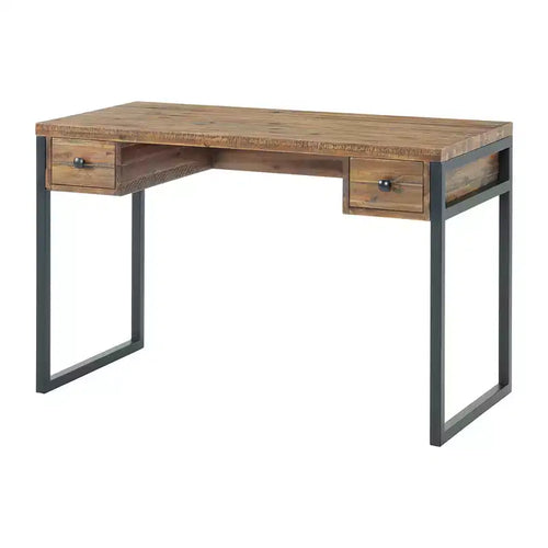 Bureau d'ordinateur Alaterre Furniture Claremont en bois rustique et métal, finition grain de bois naturel avec deux tiroirs latéraux, idéal pour le bureau à domicile et la salle d'étude