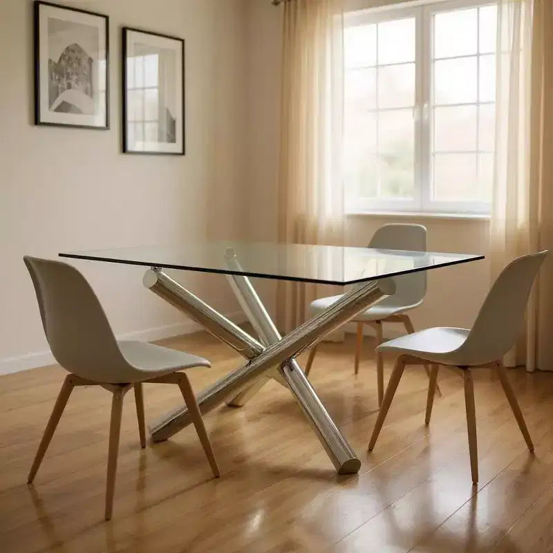 HomeRoots Table à manger carrée avec piètement croisé en verre et métal transparent et argenté 60