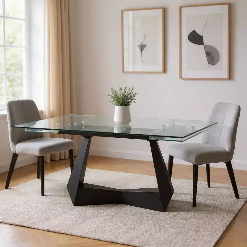 Table à manger extensible HomeRoots 71 en verre transparent et noir et métal, avec base traîneau et rallonge intégrée