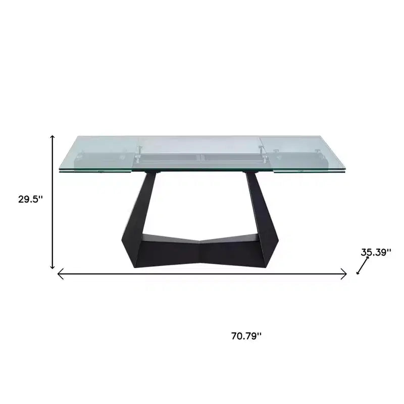 Table à manger extensible HomeRoots 71 en verre transparent et noir et métal, avec base traîneau et rallonge intégrée