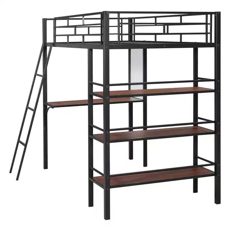 Lit mezzanine en métal de taille double avec 3 étagères et un bureau, lit avec cadre en métal pour chambre à coucher