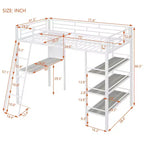 Lit mezzanine en métal de taille double avec 3 étagères et un bureau, lit avec cadre en métal pour chambre à coucher
