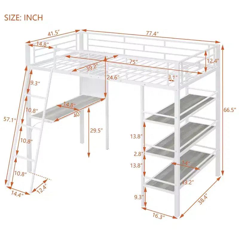 Lit mezzanine en métal de taille double avec 3 étagères et un bureau, lit avec cadre en métal pour chambre à coucher