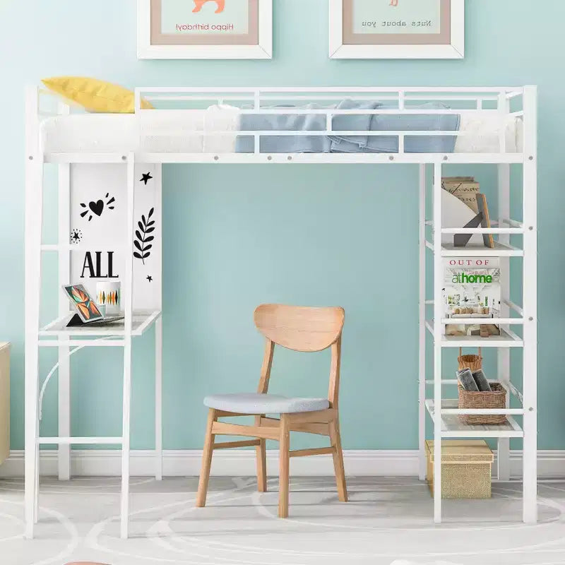 Lit mezzanine en métal de taille double avec 3 étagères et un bureau, lit avec cadre en métal pour chambre à coucher