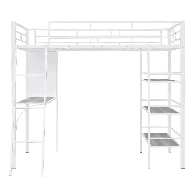 Lit mezzanine en métal de taille double avec 3 étagères et un bureau, lit avec cadre en métal pour chambre à coucher