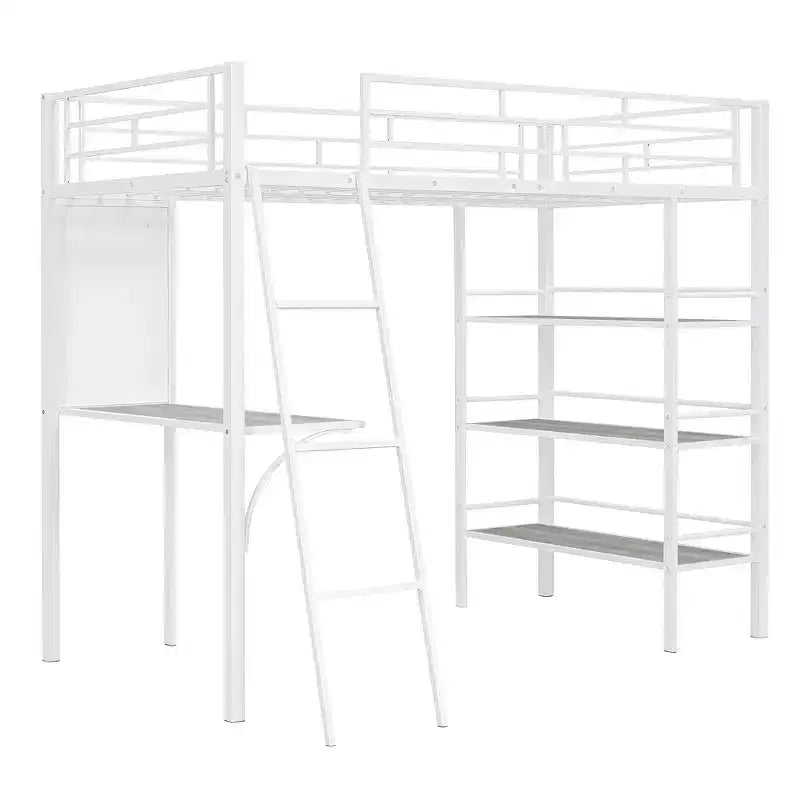 Lit mezzanine en métal de taille double avec 3 étagères et un bureau, lit avec cadre en métal pour chambre à coucher
