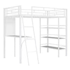 Lit mezzanine en métal de taille double avec 3 étagères et un bureau, lit avec cadre en métal pour chambre à coucher