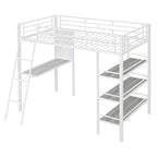 Lit mezzanine en métal de taille double avec 3 étagères et un bureau, lit avec cadre en métal pour chambre à coucher