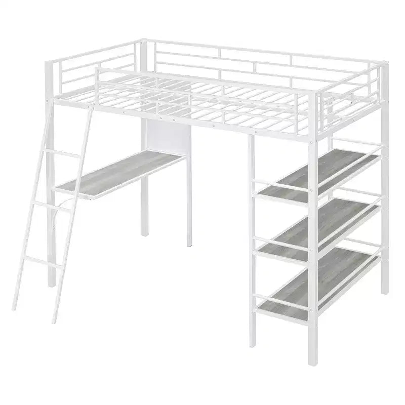 Lit mezzanine en métal de taille double avec 3 étagères et un bureau, lit avec cadre en métal pour chambre à coucher