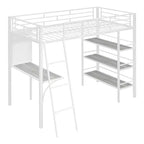 Lit mezzanine en métal de taille double avec 3 étagères et un bureau, lit avec cadre en métal pour chambre à coucher