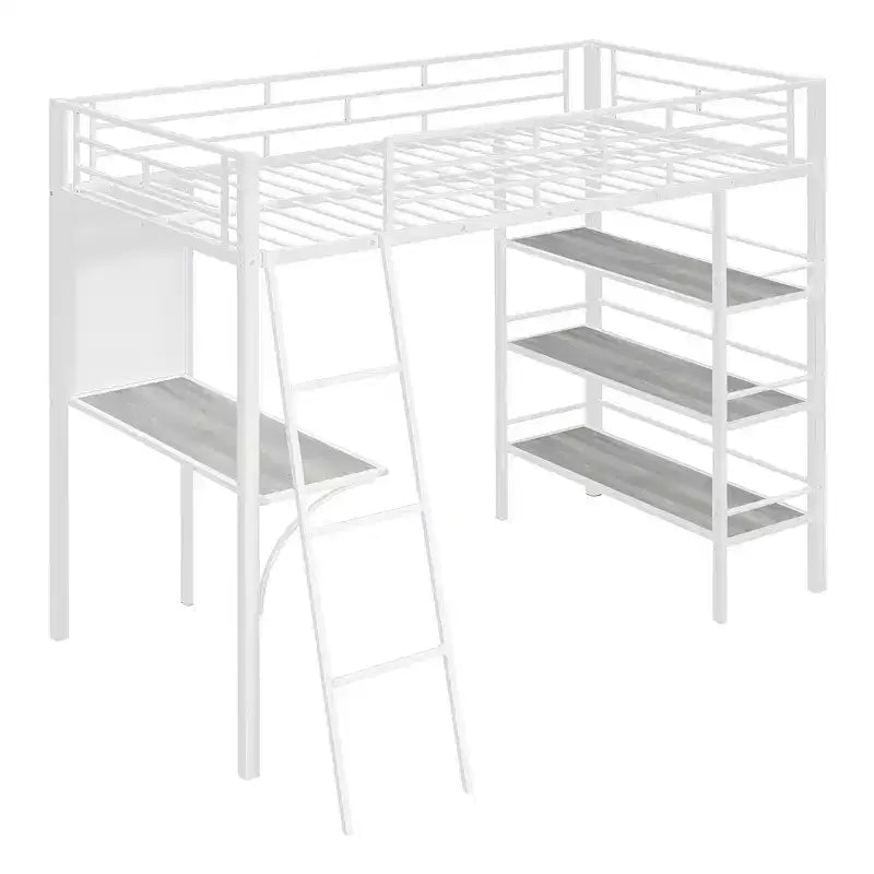 Lit mezzanine en métal de taille double avec 3 étagères et un bureau, lit avec cadre en métal pour chambre à coucher