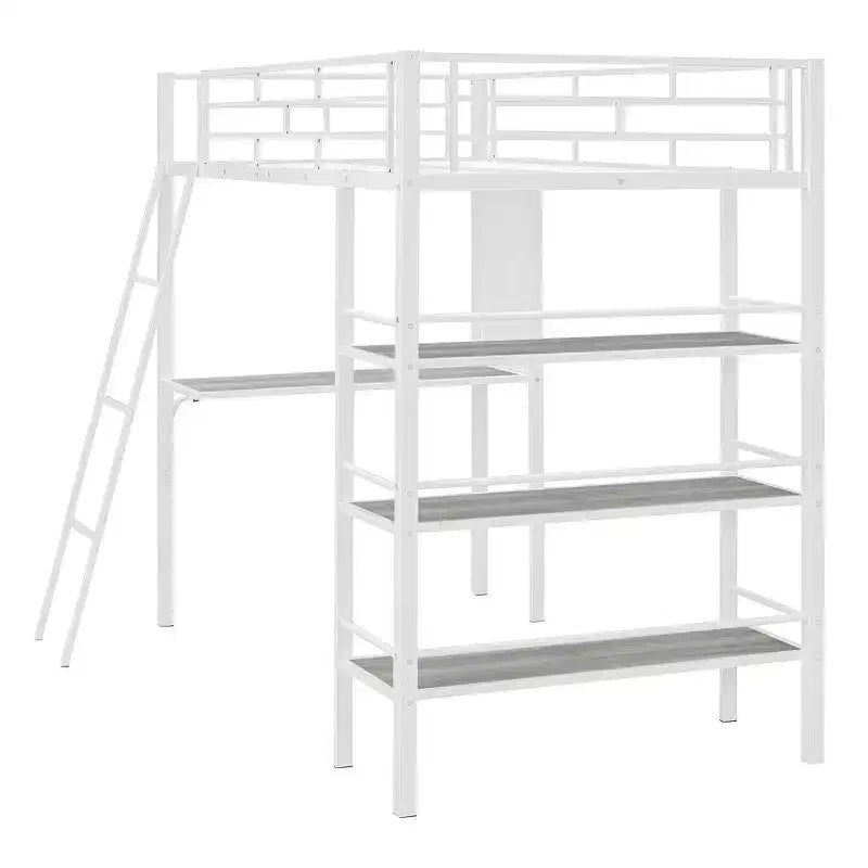Lit mezzanine en métal de taille double avec 3 étagères et un bureau, lit avec cadre en métal pour chambre à coucher