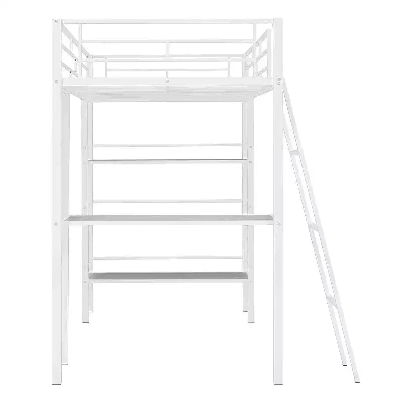 Lit mezzanine en métal de taille double avec 3 étagères et un bureau, lit avec cadre en métal pour chambre à coucher