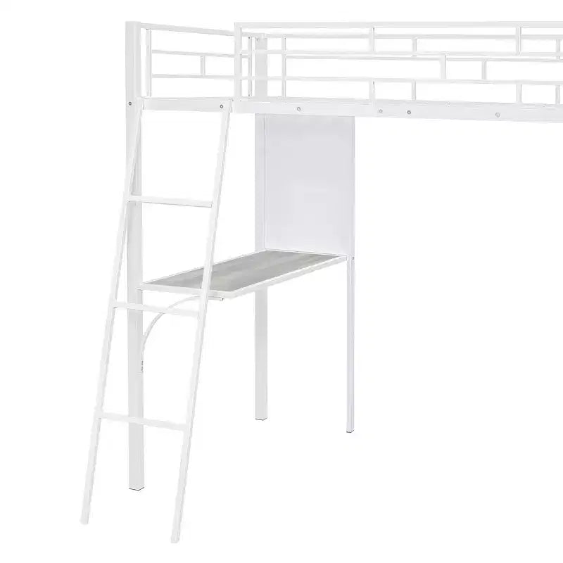 Lit mezzanine en métal de taille double avec 3 étagères et un bureau, lit avec cadre en métal pour chambre à coucher