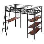 Lit mezzanine en métal de taille double avec 3 étagères et un bureau, lit avec cadre en métal pour chambre à coucher