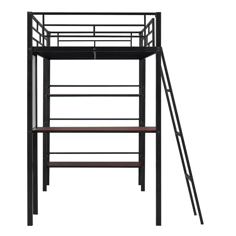 Lit mezzanine en métal de taille double avec 3 étagères et un bureau, lit avec cadre en métal pour chambre à coucher