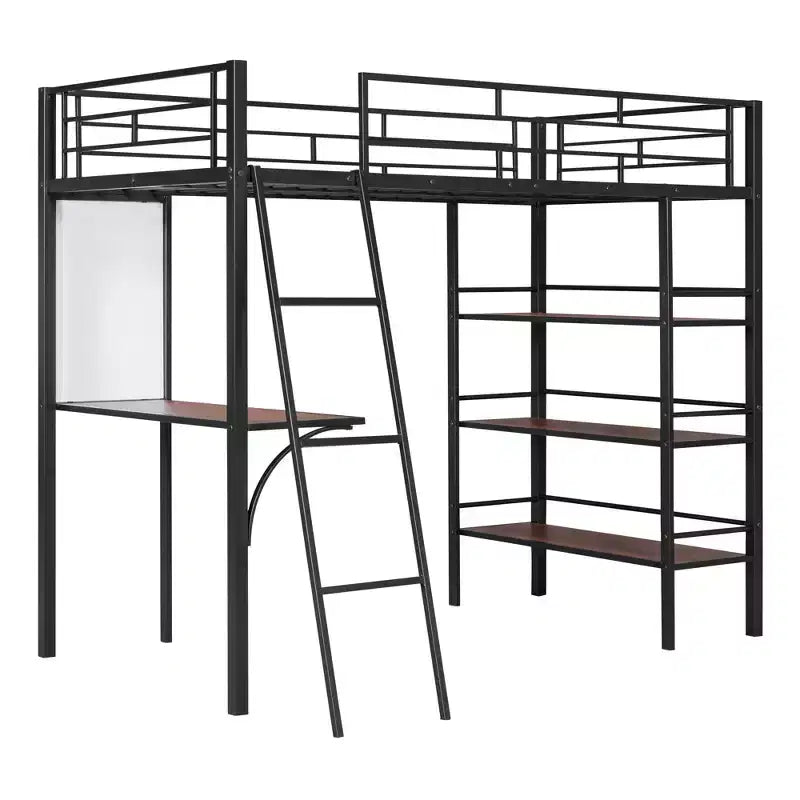 Lit mezzanine en métal de taille double avec 3 étagères et un bureau, lit avec cadre en métal pour chambre à coucher