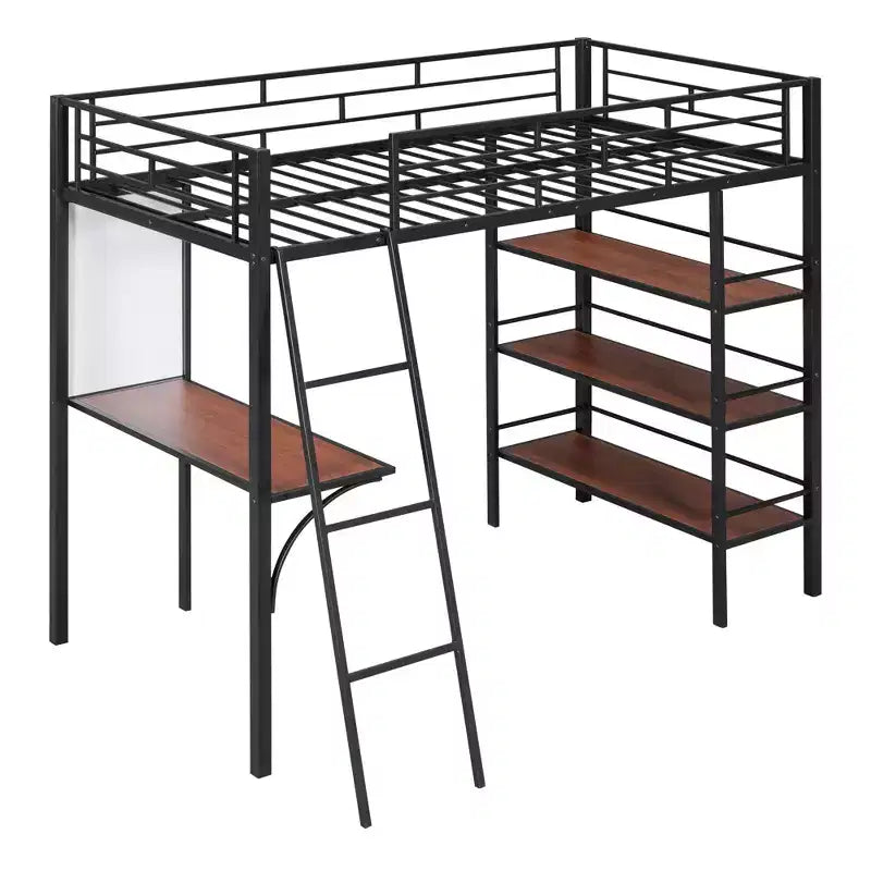 Lit mezzanine en métal de taille double avec 3 étagères et un bureau, lit avec cadre en métal pour chambre à coucher