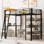 Twin Size Loft Metal Bed with 3 Layers of Shelves and Desk, Metal Frame Bed for Bedroom