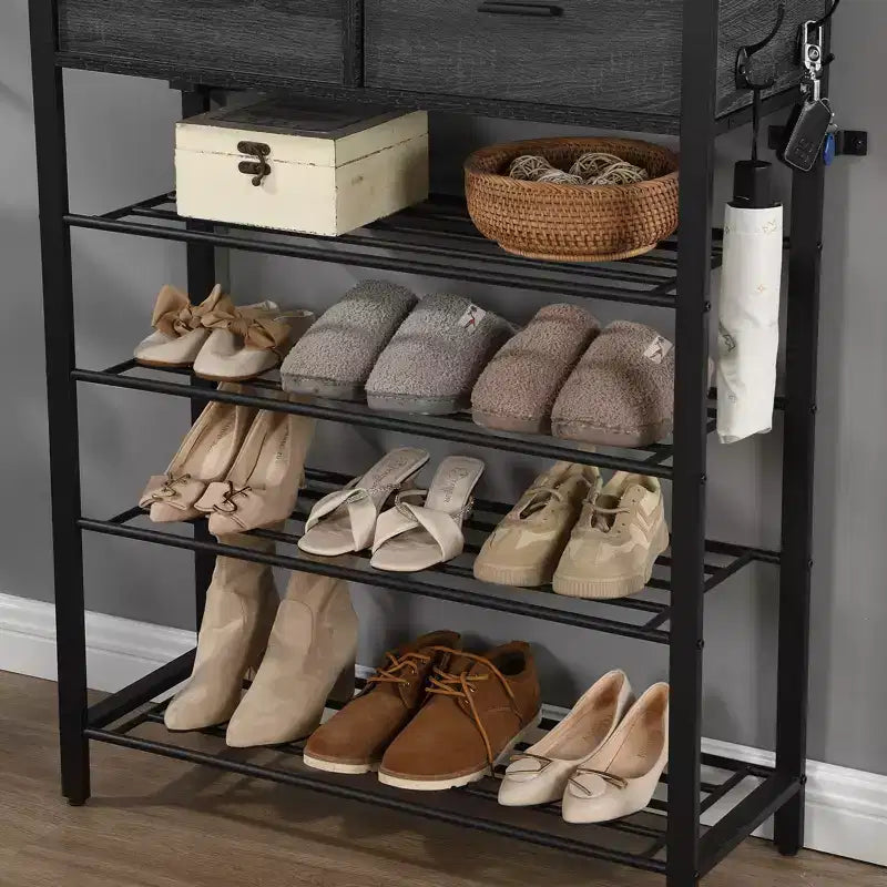 Étagère à chaussures à 4 niveaux avec 2 tiroirs, organisateur de chaussures en métal pour 9 paires avec étagères de rangement et plateau en bois, pour entrée, couloir, hall, placard