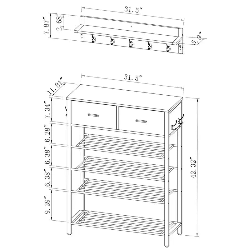 Étagère à chaussures à 4 niveaux avec 2 tiroirs, organisateur de chaussures en métal pour 9 paires avec étagères de rangement et plateau en bois, pour entrée, couloir, hall, placard