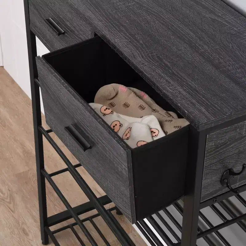 Étagère à chaussures à 4 niveaux avec 2 tiroirs, organisateur de chaussures en métal pour 9 paires avec étagères de rangement et plateau en bois, pour entrée, couloir, hall, placard