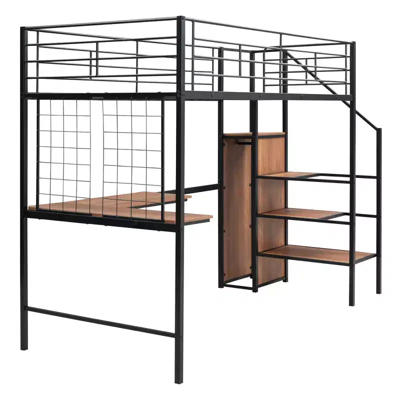 Lit mezzanine en métal avec bureau et grille métallique, lit élégant avec cadre en métal, échelle de rangement latérale et armoire