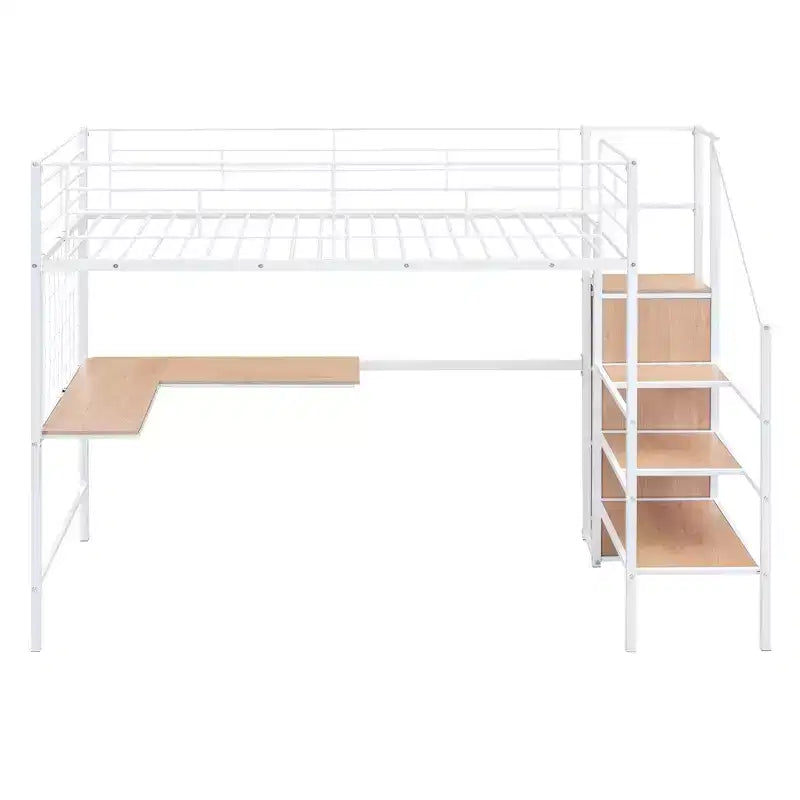 Lit mezzanine en métal avec bureau et grille métallique, lit élégant avec cadre en métal, échelle de rangement latérale et armoire