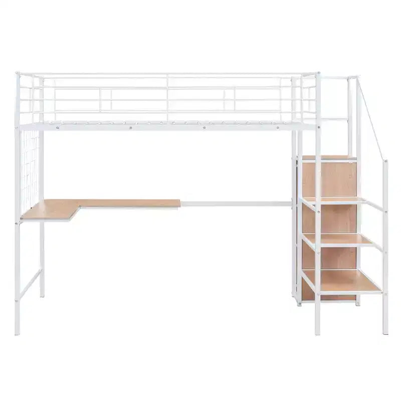 Lit mezzanine en métal avec bureau et grille métallique, lit élégant avec cadre en métal, échelle de rangement latérale et armoire