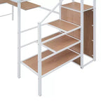 Lit mezzanine en métal avec bureau et grille métallique, lit élégant avec cadre en métal, échelle de rangement latérale et armoire