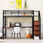 Lit mezzanine en métal avec bureau et grille métallique, lit élégant avec cadre en métal, échelle de rangement latérale et armoire