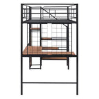 Lit mezzanine en métal avec bureau et grille métallique, lit élégant avec cadre en métal, échelle de rangement latérale et armoire