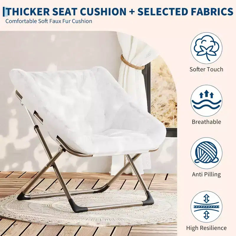 COZONY Fauteuil Rond Pliant en Fourrure de Lapin avec Cadre Métallique, Capacité de 136 kg pour Chambre, Dortoir, Salon