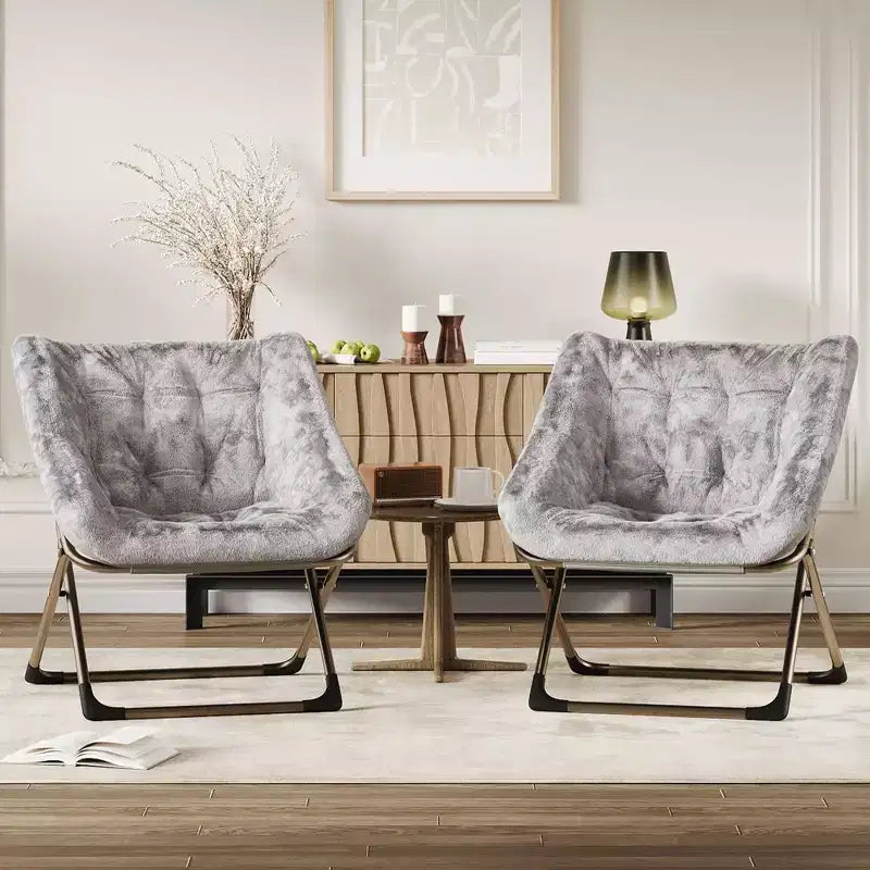 COZONY Fauteuil Rond Pliant en Fourrure de Lapin avec Cadre Métallique, Capacité de 136 kg pour Chambre, Dortoir, Salon