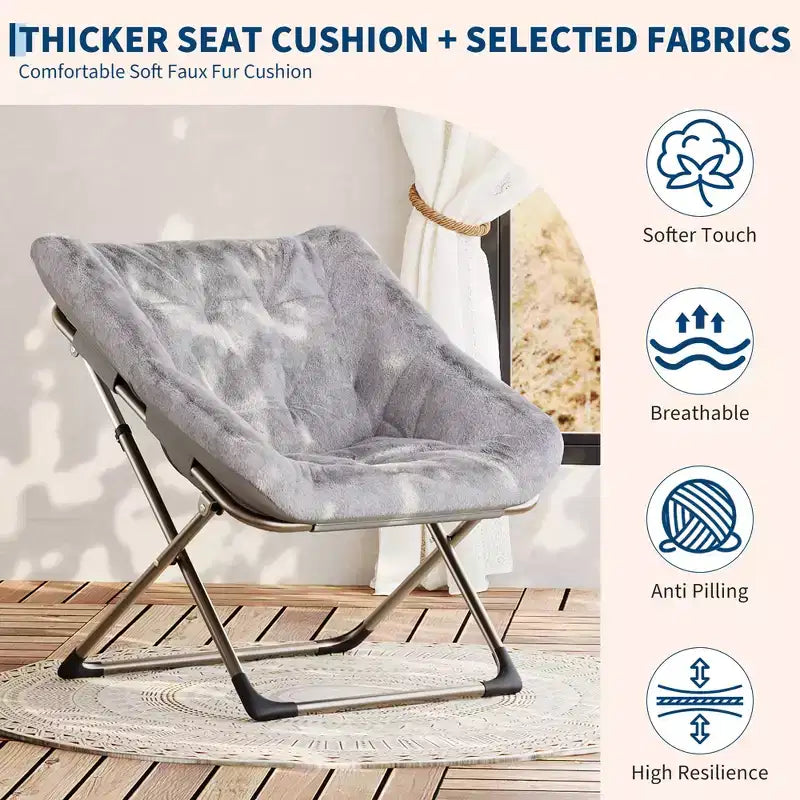 COZONY Fauteuil Rond Pliant en Fourrure de Lapin avec Cadre Métallique, Capacité de 136 kg pour Chambre, Dortoir, Salon