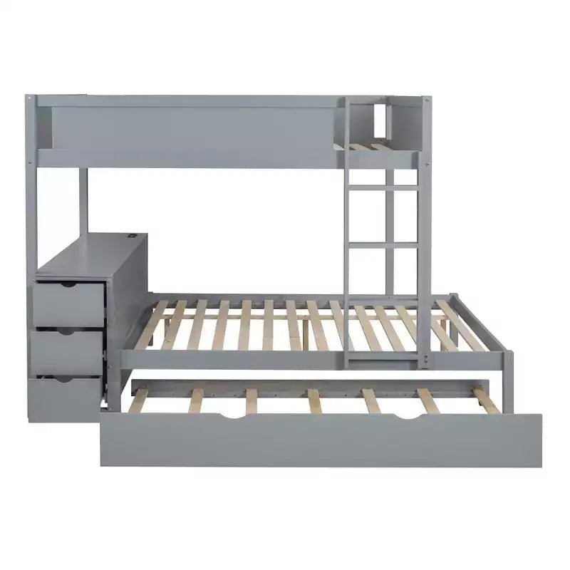 Lit superposé double sur double avec lit gigogne et bureau, cadre de lit superposé en bois massif avec tiroirs de rangement et étagères pour chambre d'enfants et d'adultes