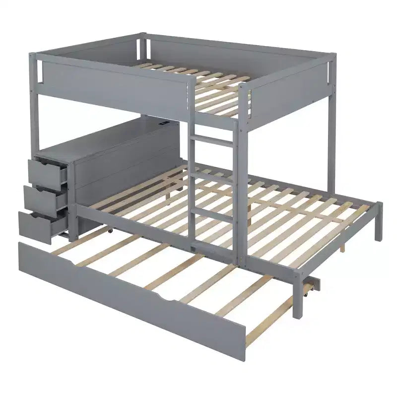 Lit superposé double sur double avec lit gigogne et bureau, cadre de lit superposé en bois massif avec tiroirs de rangement et étagères pour chambre d'enfants et d'adultes