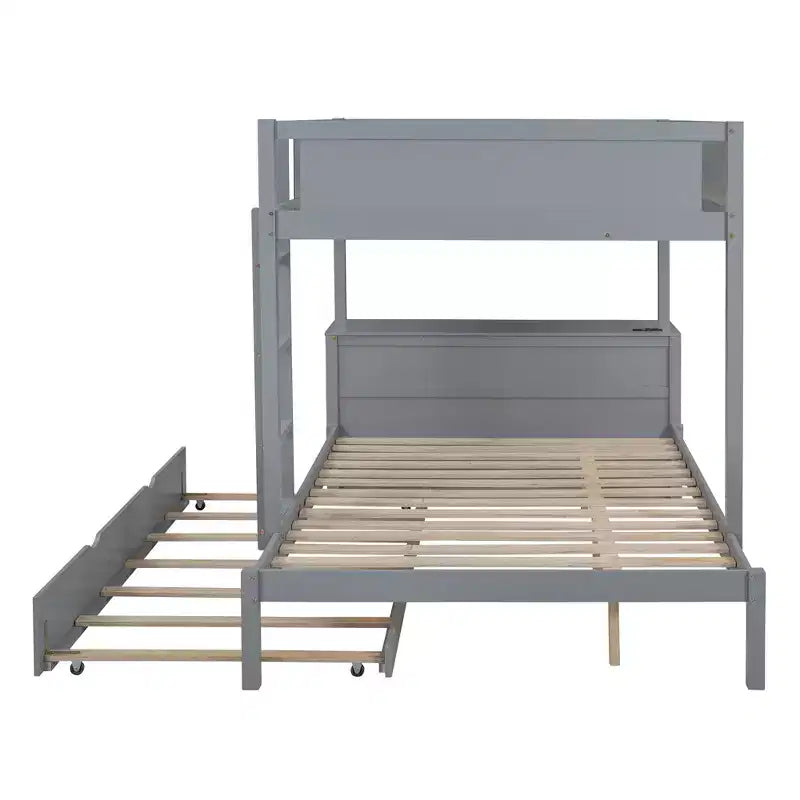 Lit superposé double sur double avec lit gigogne et bureau, cadre de lit superposé en bois massif avec tiroirs de rangement et étagères pour chambre d'enfants et d'adultes