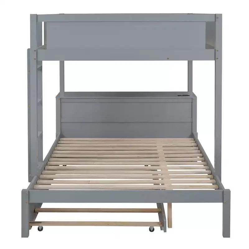 Lit superposé double sur double avec lit gigogne et bureau, cadre de lit superposé en bois massif avec tiroirs de rangement et étagères pour chambre d'enfants et d'adultes