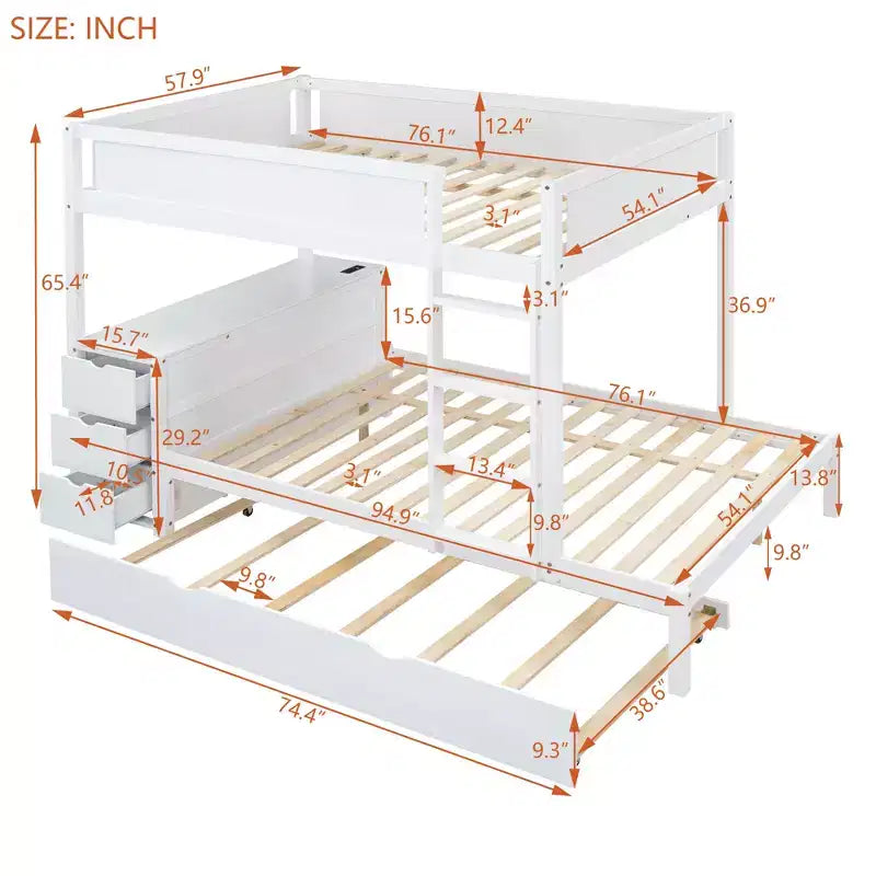 Lit superposé double sur double avec lit gigogne et bureau, cadre de lit superposé en bois massif avec tiroirs de rangement et étagères pour chambre d'enfants et d'adultes
