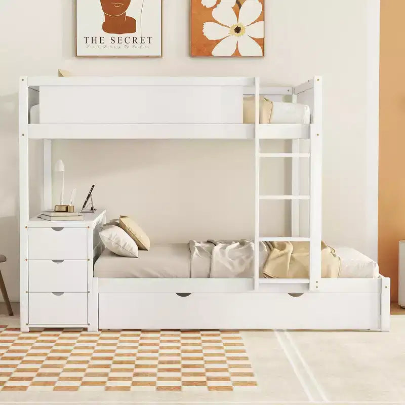 Lit superposé double sur double avec lit gigogne et bureau, cadre de lit superposé en bois massif avec tiroirs de rangement et étagères pour chambre d'enfants et d'adultes