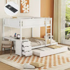 Lit superposé double sur double avec lit gigogne et bureau, cadre de lit superposé en bois massif avec tiroirs de rangement et étagères pour chambre d'enfants et d'adultes