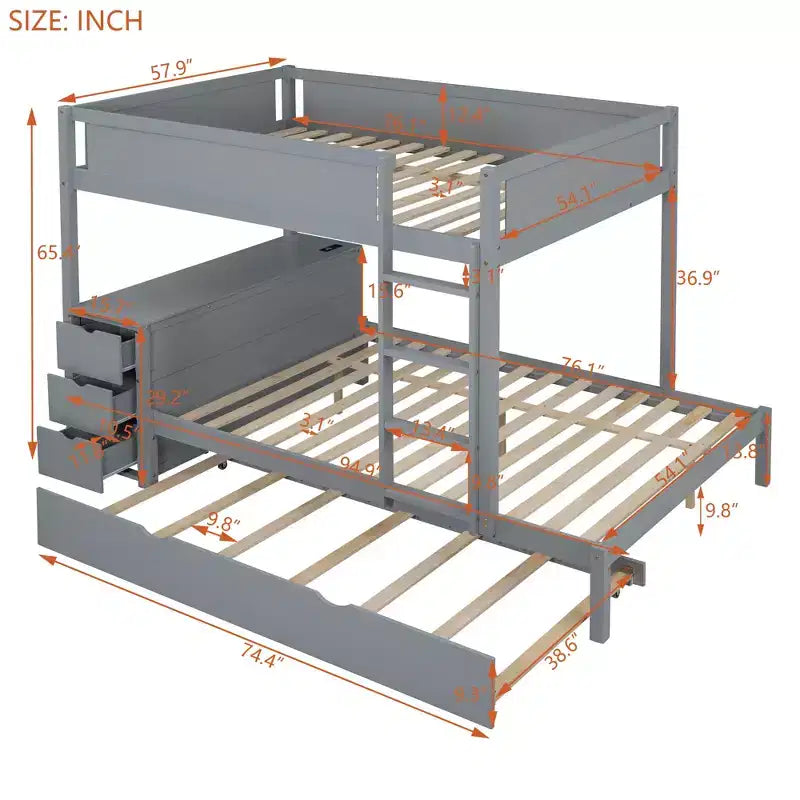Lit superposé double sur double avec lit gigogne et bureau, cadre de lit superposé en bois massif avec tiroirs de rangement et étagères pour chambre d'enfants et d'adultes